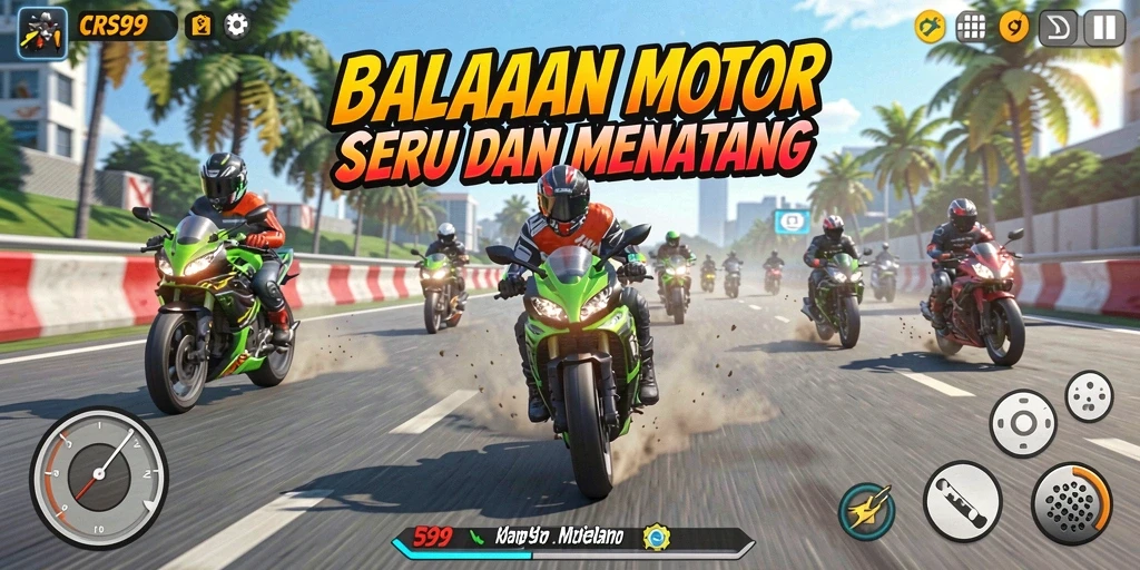 Screenshot CRS99 menampilkan aksi balapan motor yang mendebarkan.