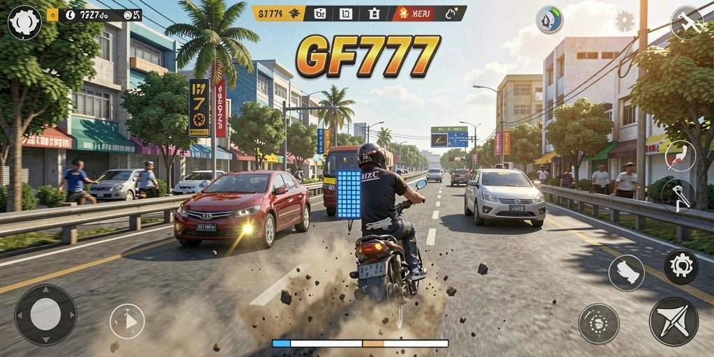 Screenshot menampilkan aksi balapan seru di GF777 dengan mobil cepat.