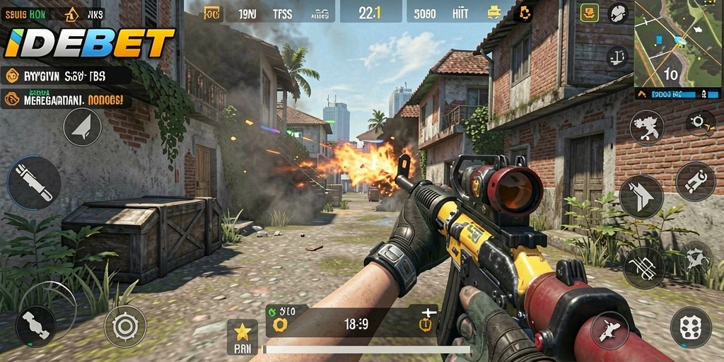 Screenshot utama IDEBET menampilkan aksi pertempuran FPS yang mendebarkan.