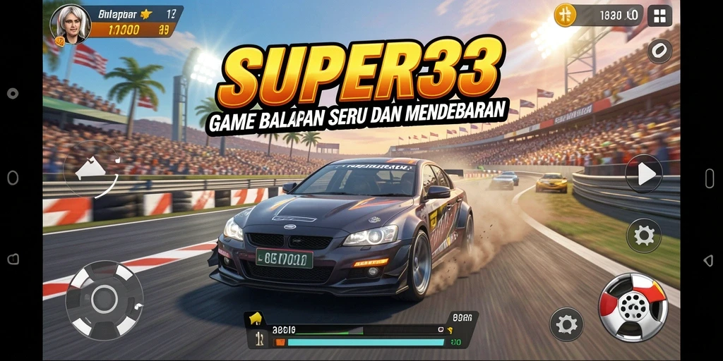 Tangkapan layar gameplay SUPER33 yang menunjukkan momen balapan seru.