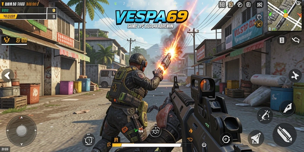 Screenshot gameplay VESPA69 yang menampilkan aksi seru dalam pertempuran TPS.