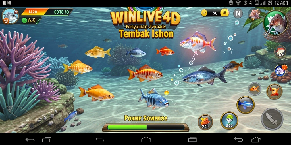 Tampilan gameplay WINLIVE4D dengan aksi menembak ikan yang seru.