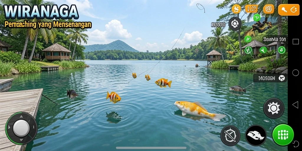 Screenshot gameplay WIRANAGA menampilkan pengalaman memancing yang seru.
